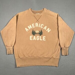 Vintage American Eagle‎ Sweatshirt Mens Small Oversized Y2K Pullover Tan Brown